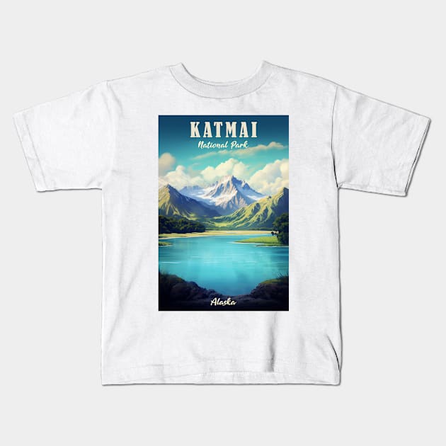 Katmai National Park Travel Poster Kids T-Shirt by GreenMary Design